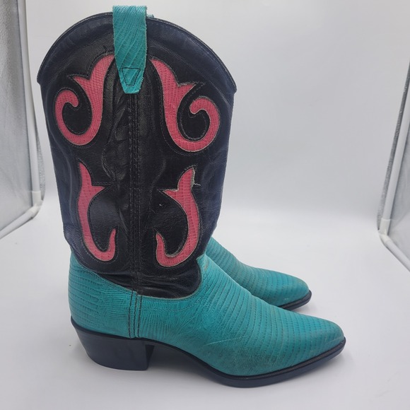 Vintage Teal Lizard Embossed Leather Western Cowboy Boot Pink Inlay 7.5 Festival